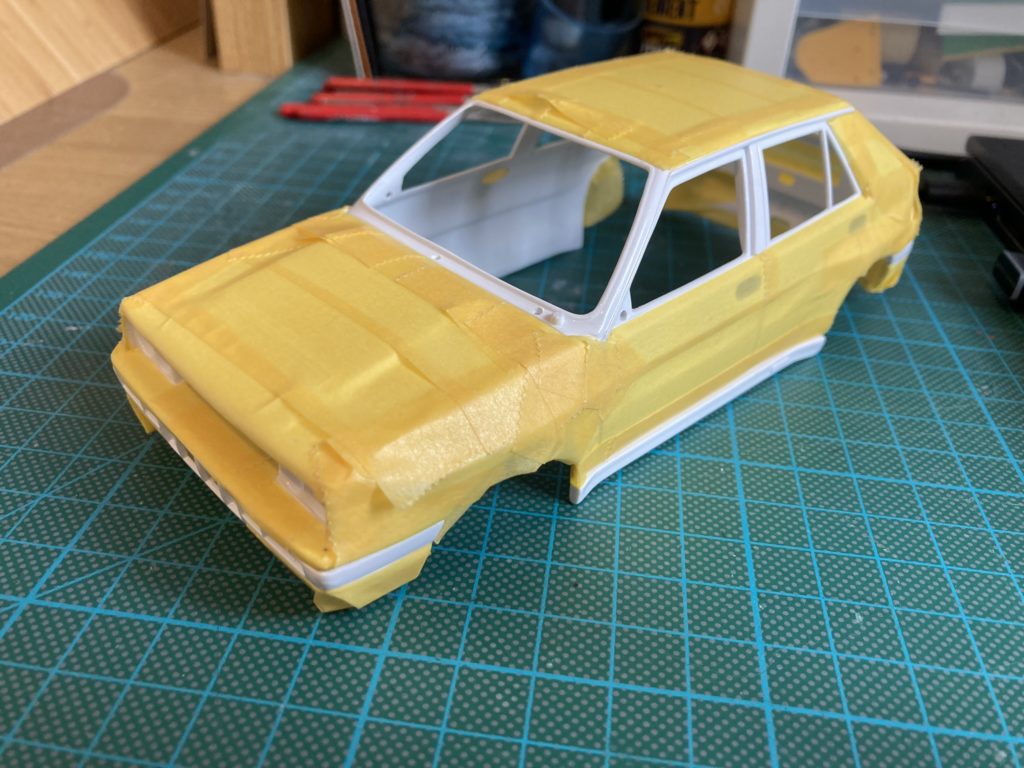 Italeri Lancia Delta HF Integrale body shell masked up